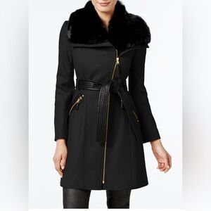 Via Spiga Black Trench Coat with Faux Fur Collar